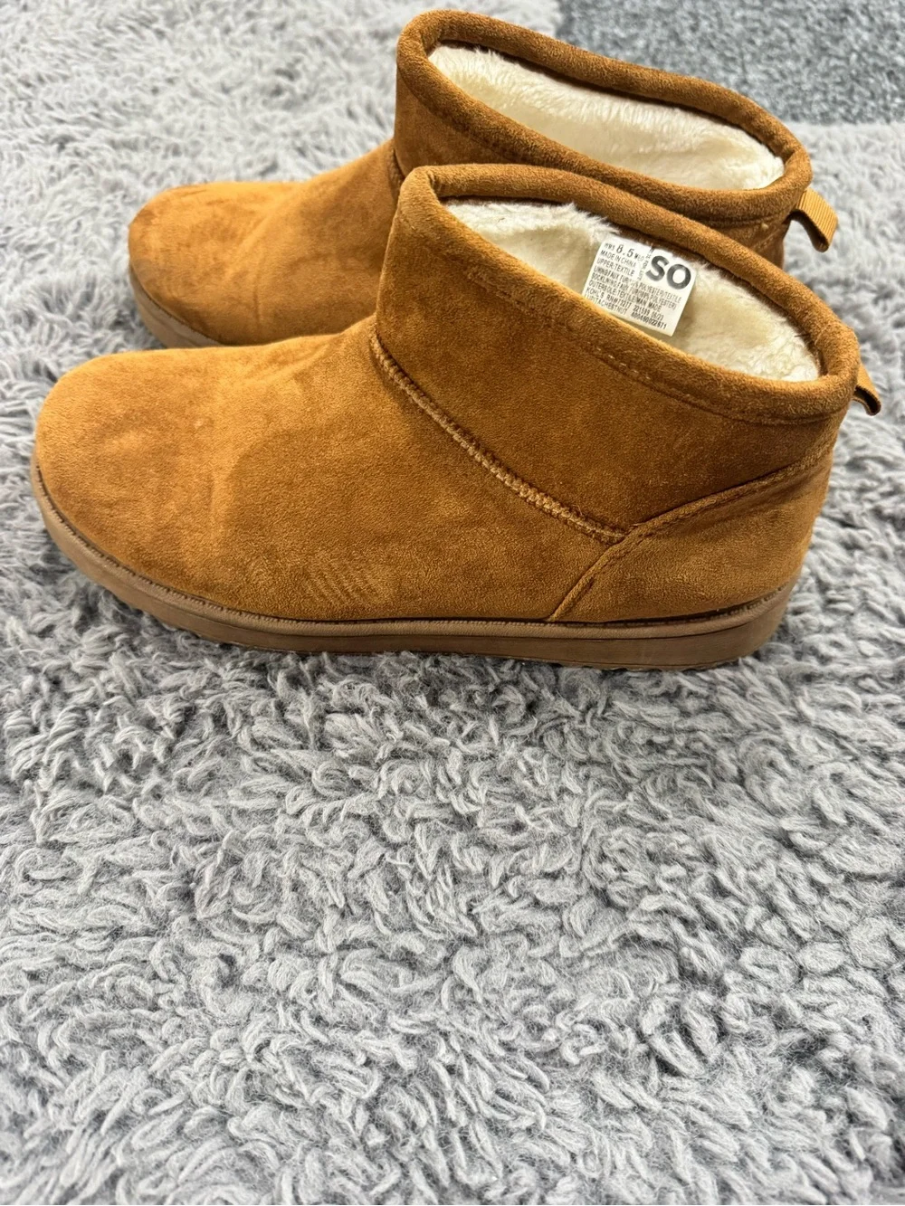 SO Tan Suede-Look Faux-Fur Lined Ankle Booties 8.5